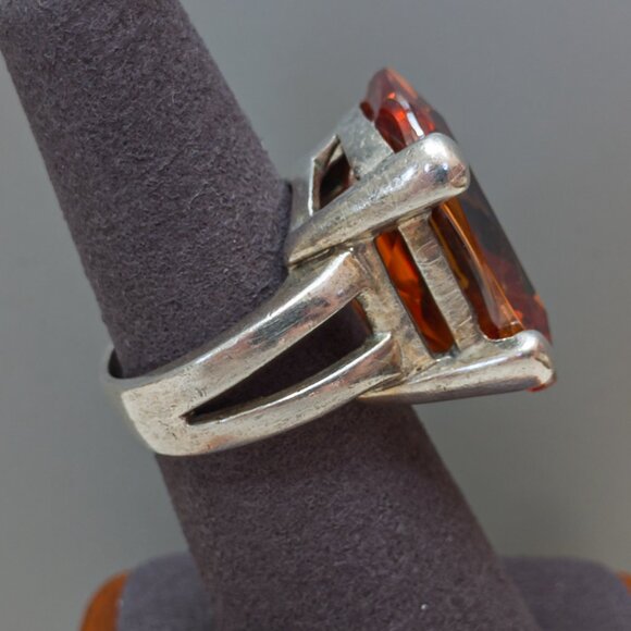 Massive Sterling Silver Amber Glass Statement Ring Size 7.25 - Picture 15 of 15